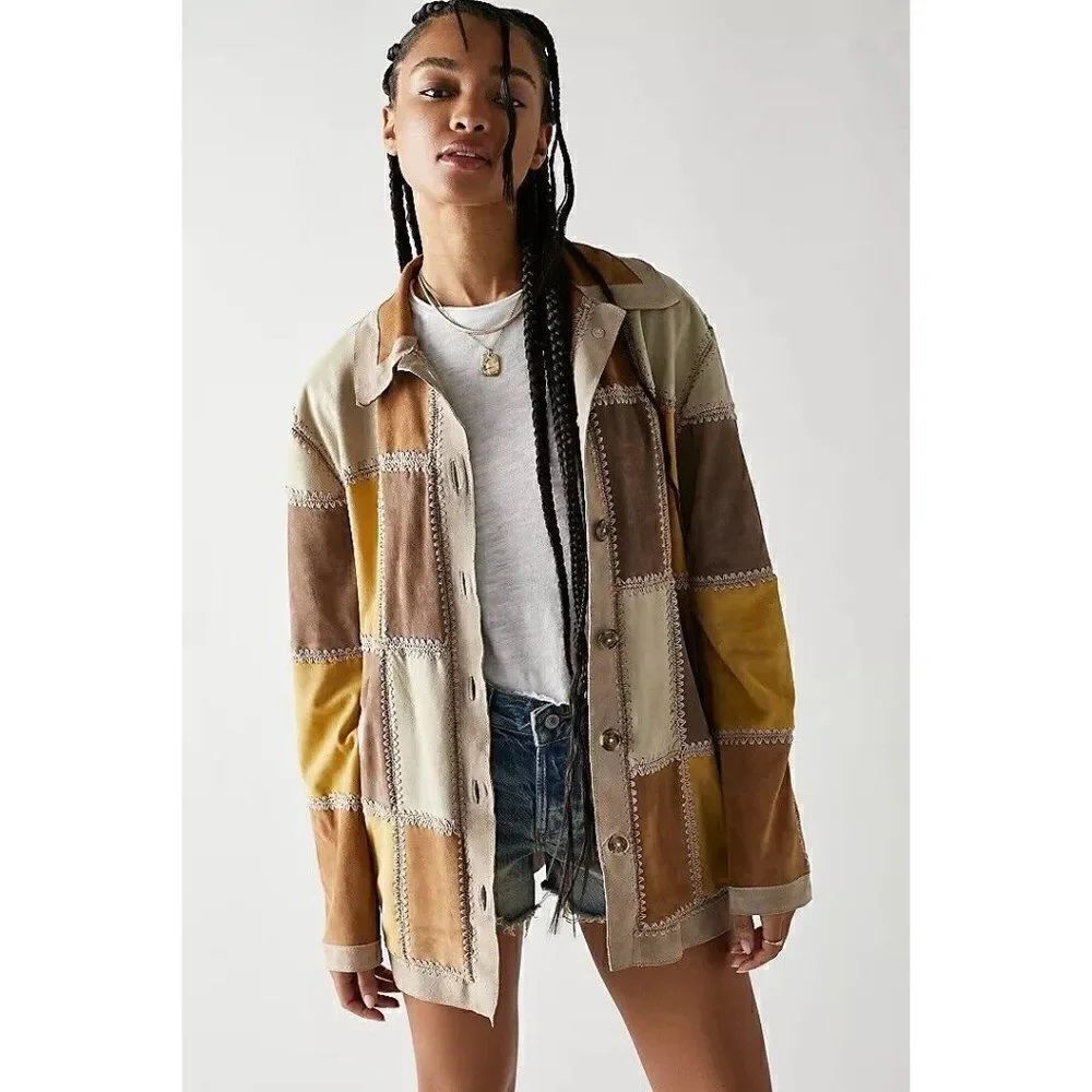 NWT FREE PEOPLE Sz L EDIE CROCHET CHORE LEATHER SUEDE PATCHED SHIRT JACK…